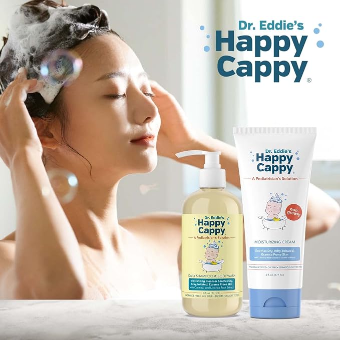 Happy Cappy Baby Shampoo, Body Wash, & Moisturizing Cream Bundle - Eczema Body Wash and Lotion for Kids & Toddlers, Helps with Dryness, Reduces Itching, Dermatologist Tested, Fragrance-Free