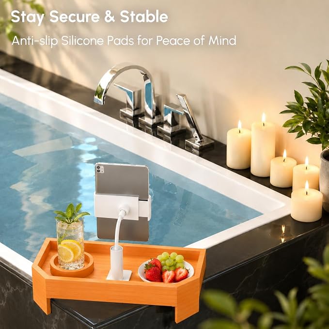 Vespara Bamboo Hot Tub Tray Table with Adjustable Phone Holder, Non Slip Hot Tub Table Spa Gifts for Women, Bathtub Canddy Tray with Wine Glass Holder Tray for Luxury Bathtub& Bathroom Accessories