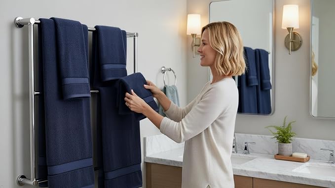 Luxury Cotton Bath Towel Set - 6 Piece, Navy Blue, Solid, Heavy Weight, 100% Cotton, Machine Washable