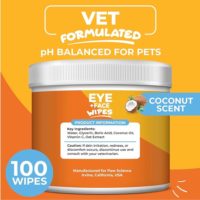 Dog Eye Wipes (100 Count) Hypoallergenic Eye & Face Wipes for Dogs & Cats - Pet Tear Stain Remover & Cleaner - Cleans & Removes Discharge, Crust, & Gunk (Coconut)