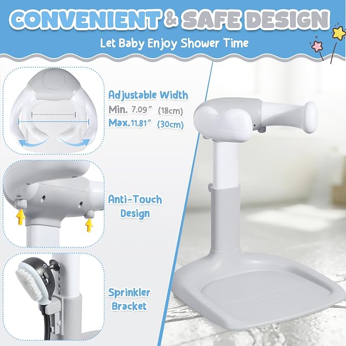 Orzbow Baby Bath Stand, Adjustable Height Baby Shower Stand, Toddler Shower Standing Support with Non-Slip Base for Infant 6-36 Months, Easy-Use, Ideal Gift, Gray
