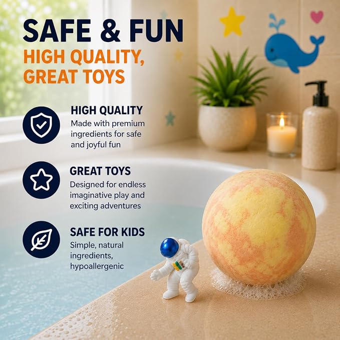 EvolutionUSA 6 Space Bath Bombs for Boys & Girls - Planet Bath Bombs Toy Inside, Organic Childrens Bathbomb Set, Cosmic Bath Fizzers, Kid Bath Bomb Gift for Valentines, Birthday, Christmas, Easter