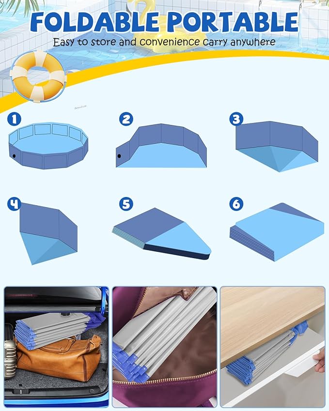 YSJILIDE Portable Dog Pool PVC Pet Swimming Pool Bathtub Collapsible, Hard Plastic for Pets to Swim and Bath (XL-63"x 12" Light Grey)