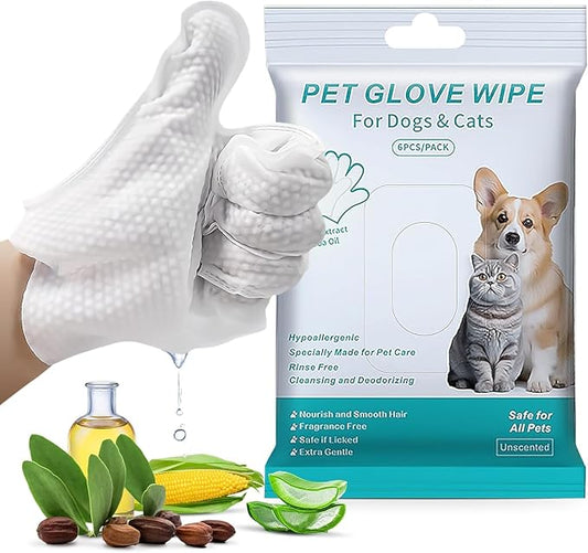 Thick Pet Glove Wipes for Dog & Cat - 6 Pack Disposable Grooming Gloves, Dog Bath Brush, Cat Shedding Glove, Pet Washing Mitt, Unscented