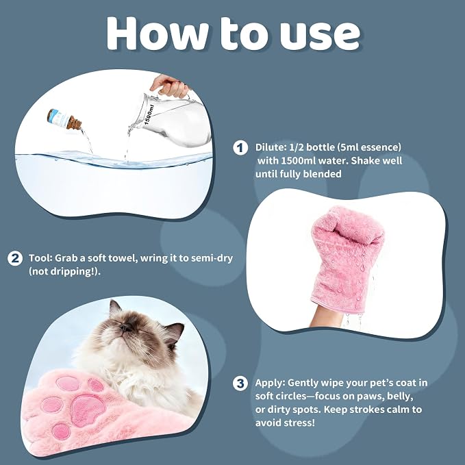 2PCS Concentrated Waterless Shampoo Essence with Pink Grooming Glove, No-Rinse & Lick-Safe Essence for Steam Brushes, Gentle Care for Cats/Kittens/Seniors, Manage Shedding & Freshness (2, Pink Glove)
