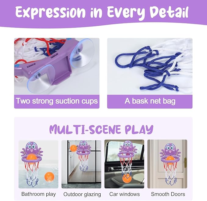 Bath Toys - Basketball Hoop Set Bathtub Toys for Toddlers Ages 1-3, Mini Basketball Hoop Toddler Bath Toys for Kids Ages 3-5,with Strong Suction Cup & 3 No Hole Balls, Sensory Toys (Purple)