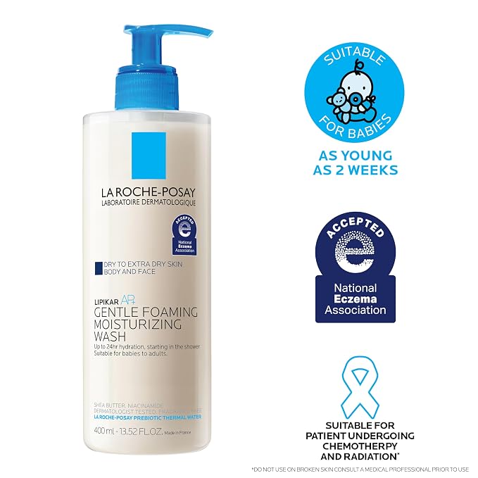 La Roche-Posay Lipikar AP+ Gentle Foaming Moisturizing Wash, Shea Butter + Niacinamide + Glycerin, Moisturizing Body Wash For Dry Skin, National Eczema Association Accepted, Soap Free