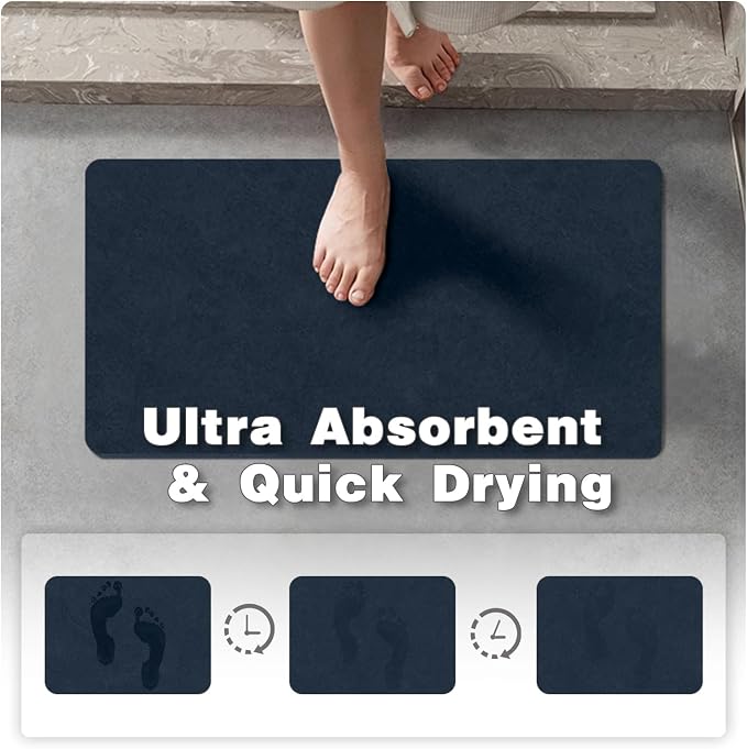 TYUU Bathroom Mat Quick Dry, Bathroom Rugs Non Slip Washable Thin Absorbent Bath Mat Fits Under Door Bathroom Floor Mat Perfect for Bath, Shower, or Sink 17"x59" Navy Blue