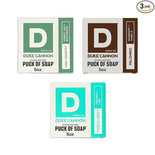 Duke Cannon Supply Co. Men's Everlasting Soap Puck 3-Pack Bundle – High Country, Palomino & Tropic Drift Scents – Triple-Milled Long-Lasting Bar Soap for Men, 5 oz Each