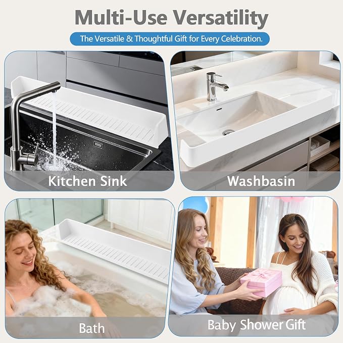 31.5" Bathtub Splash Guard for Tub Kids, Silicone Splash Shield with 11 Suction Cups, Toy Tray Shelf, No Spill Water Barrier, Prevents Mess, Fun Bathtime for Toddlers Baby–White