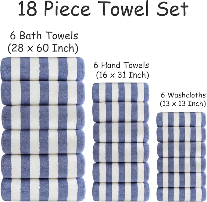 18 Pcs Blue Purple Stripe Bath Towel Set with Hanging Loop-6 Bath Towels,6 Hand Towels,6 Washcloths Soft Family Towels Set Bathroom Towel Highly Absorbent Quick Dry Shower Towel for Beach Chair Hotel