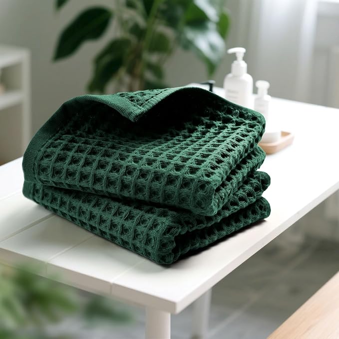 Jacquotha Waffle Hand Towels Set of 5 (Hunter-Green) – Cotton, Quick Dry, Lint Free, 13” x 29”, Bathroom Decor & Kitchen Towels