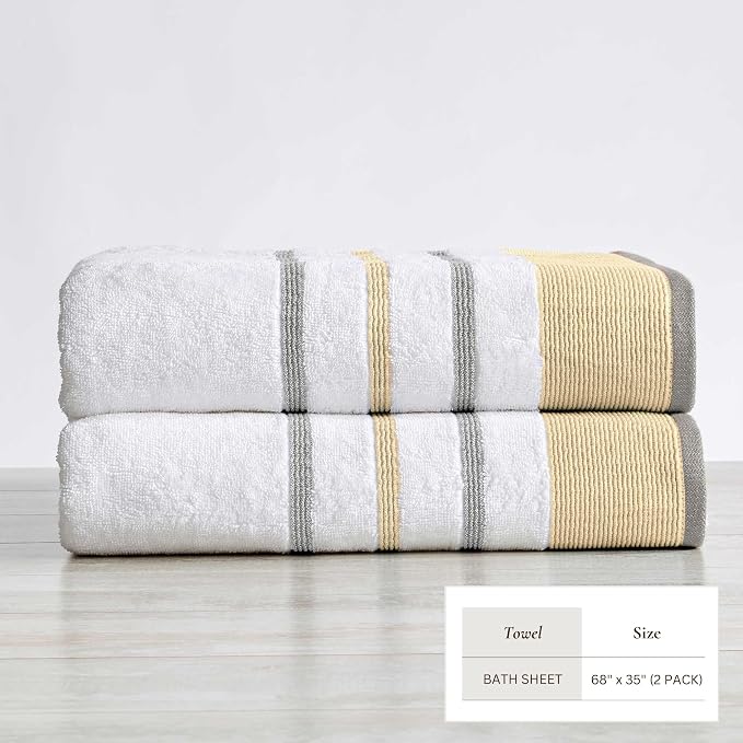Great Bay Home Decorative Oversized Bath Sheet Set - Cotton 2 Pack 68x35 Extra Large Towels - Durable Towels for Bathroom Decor (Gold/Grey)