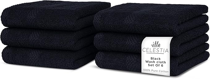 Cotton Washcloths Set of 6, 12x12 Inch, 100% Ring-Spun Combed Cotton, Soft Absorbent Quick-Dry Wash Cloths for Face and Body, Oeko-TEX Certified, Hotel & Spa Quality, Black