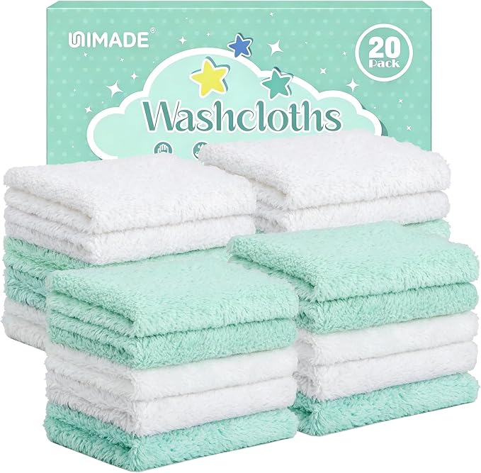 UNIMADE Baby Washcloths, 20 Pack Microfiber Coral Fleece Wash Cloths, Extra Absorbent Baby Towels for Newborns, Infants and Toddlers, Gentle on Sensitive Skin for Face and Body - 7" × 9", White&Green
