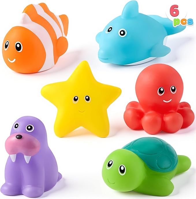 JOYIN 6 Pcs Sea Animal Bath Toys, Sealed & No-Hole & Mold Free Bathtub Toys for Kids, Non-Toxic & Soft Water Vehicles Toys for Boys and Girls, Squeezable & Float on Water, Ideal for Bath & Pool Time