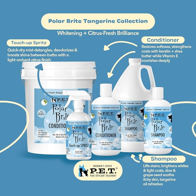 P.E.T. Polar Brite Tangerine Whitening Conditioner, 16 oz 25:1 Concentrate | Shea Butter, Keratin & Aloe Blend | Fast Detangle, Bright-Coat Gloss & Odor Control | Cosmetic Formula