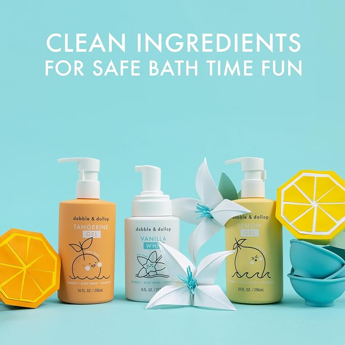 Dabble & Dollop Sunshine Kids 3-in-1 Body Wash, Shampoo & Bubble Bath Variety Set – Tangerine, Lemon & Vanilla, Tear-Free, Gentle, Hypoallergenic and Safe for Sensitive Skin (Pack of 3)