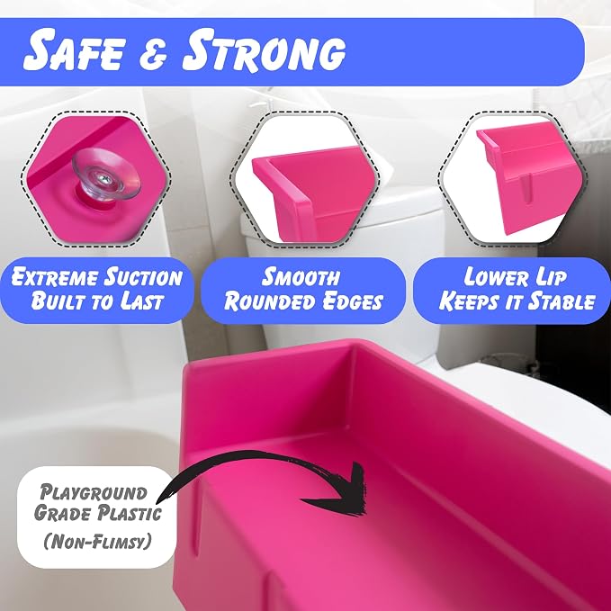 Tub Topper Kids Bathtub Splash Guard, Shelf & Toddler Bath Toy Tray - Pink | Toddler Bath Tray & Ledge Organizer, Strong Suction Cups, Patented Lip Design, Kids Bathroom Accessory Storage, Made in USA