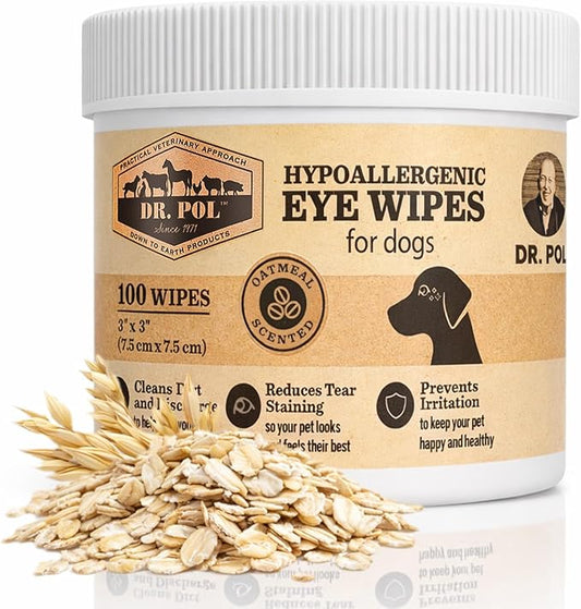 Dr. Pol Pet Eye Wipes for Dogs – Tear Stain Remover & Eye Discharge Cleaner – Hypoallergenic Grooming Wipes, 100 Count – Lightly Scented