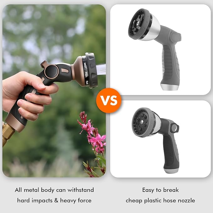 RESTMO Hose Nozzle Heavy Duty, Metal Water Hose Sprayer for Garden | 9 Spray Patterns, High Pressure, Thumb Flow Control, On/Off Valve, Ideal for Outdoor Lawn & Plant, Car & Pet, Brown