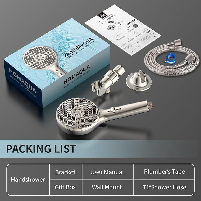 Brushed Nickel Handheld Shower Head, High Pressure 9-Spray Modes Handheld Showerhead, 71 Inch Kink-free Hose, Power Wash for Low Pressure Homes, Pet Tub Tile Cleaning