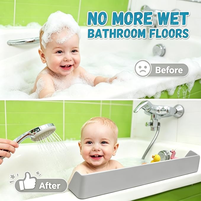 Bathtub Splash Guard with Strong Suction Cups, Silicone Splash Guard for Bathtub, Bath Toys Storage & Organizer Shelf for Kids, Flexible Water Guard for Bathroom Tub Edge and Kitchen Sinks Gray
