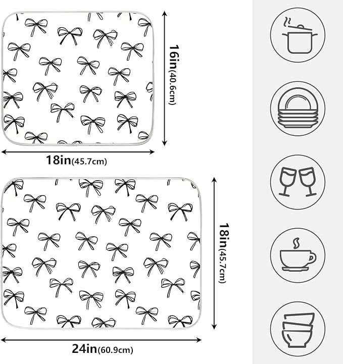 Black Bow Pattern Dish Drying Mat, Absorbent Drainer Mats for Kitchen Counter Coffee Maker 24"x18"