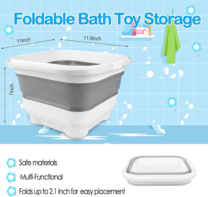 Bath Toy Storage Organizer - Foldable Bath Toy Holder for Bathtub, Bathtub Toy Storage with Removable Drying Base, Bathroom Toy Storage with 2 Hooks
