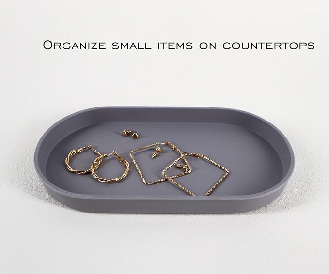 Gray Small Tray (10 inch), Oval Tray, Countertop Organizer | Small Serving Tray for Seasoning, Salt and Pepper, Soap, Kitchen Counter, Bathroom Vanity Items, Bar, Coffee Accessory