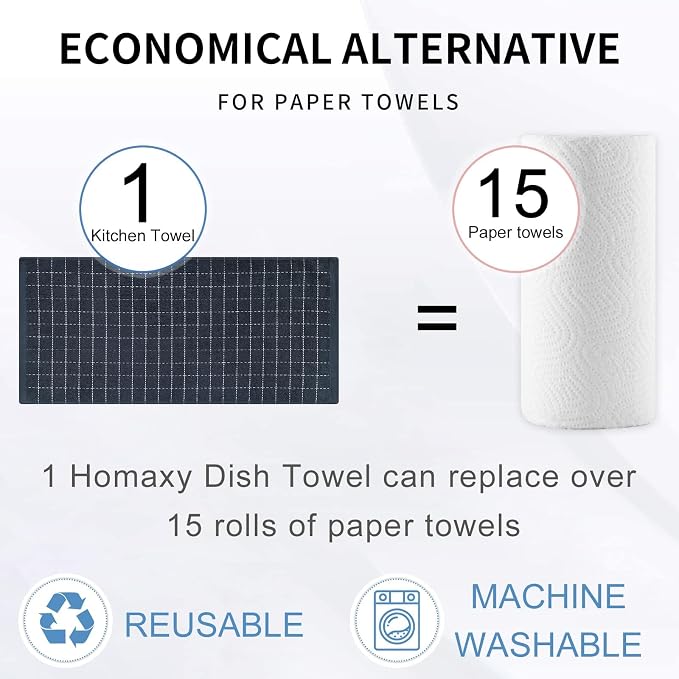 Homaxy 100% Cotton Terry Kitchen Towels(Dark Grey, 20 x 28 inches), Checkered Designed, Soft and Super Absorbent Dish Towels, Large 8 Pack