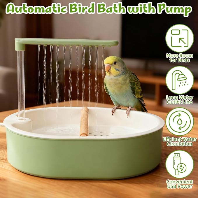 Automatic Bird Bath with Pump, Parrot Bathtub with Anti-Bite Cord Protector, USB Electric Large Bird Bathtub Water Circulating Bird Shower for Parakeet Cockatiel African Grey Lovebird Green