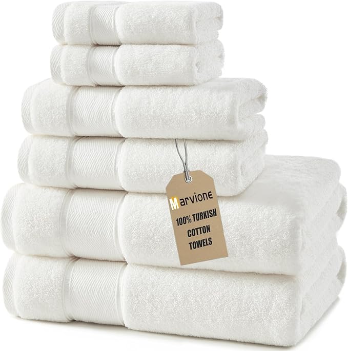 Marvione Bath Towels Set 6 Piece, 100% Turkish Cotton Highly Absorbent and Soft Towels for Bathroom 2 Bath Towels 2 Hand Towels 2 Washcloths, White