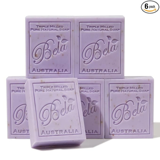BELA Lavender Soap Bars 3.3 OZ Pack of 6, French Triple Milled Bar Soap with Organic Shea Butter, Lavender and Flower Scented Soap, Made in Australia
