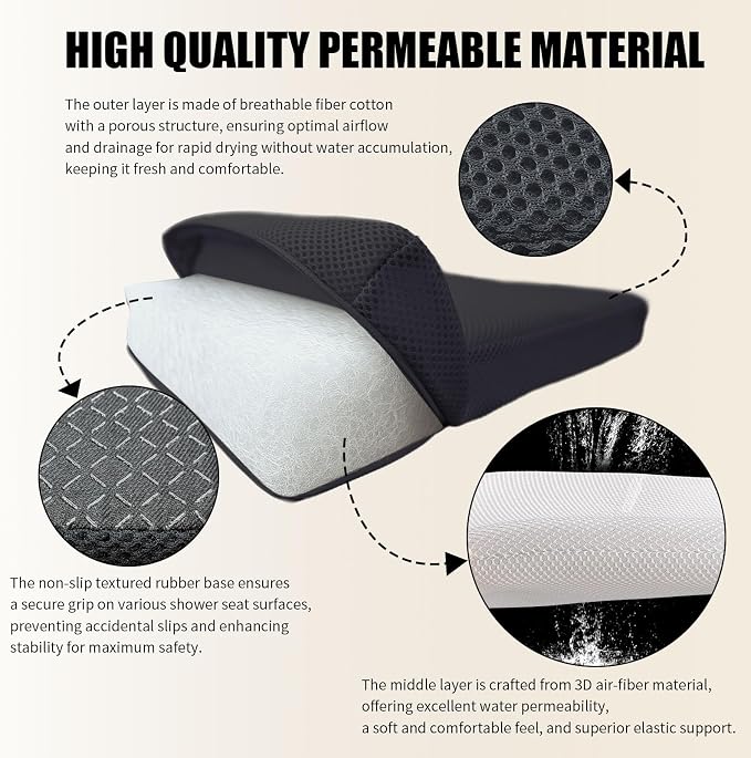 Shower Seat Cushion,Thickened Shower Chair Cushion 4D Air Fiber Material,Machine Washable and Fast Drying Suitable for Shower Seats Bathtub Baths, Poolside & Rest Dressing Room Seats，Black