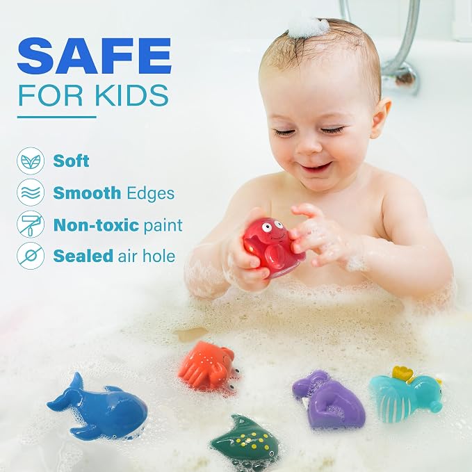 LotFancy® Bath Toys, 8 Pack Mold Free Bath Toys for Kids Ages 1-3, No Holes Baby Bath Toys for Toddlers 2-4, Ocean Sea Animal Bathtub Toys, Soft Floating Pool Water Table Toys