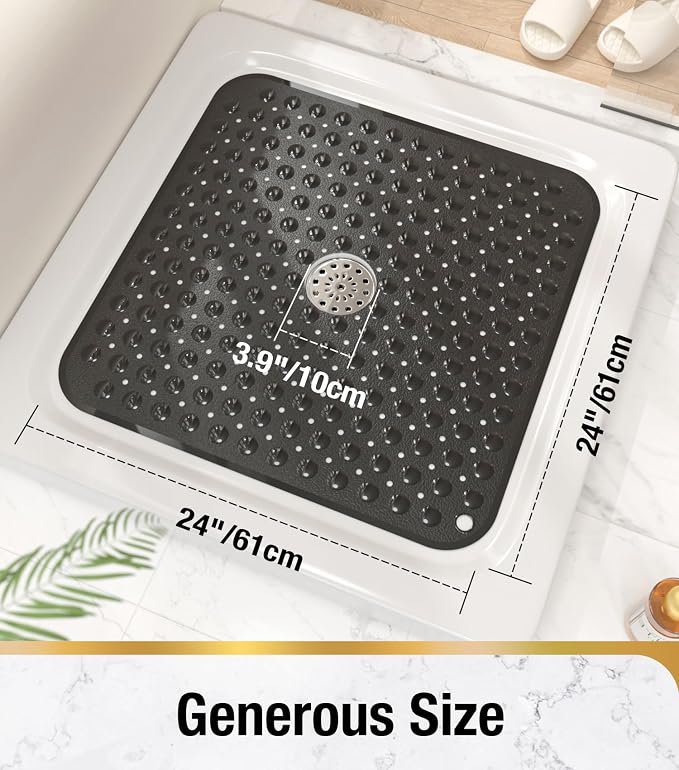 HITSLAM Shower Bathtub Mat Non Slip, 24"x 24" Bath Mat for Tub, Soft PVC Shower Mats for Inside Shower with Suction Cups and Center Drain Hole, Machine Washable Bathroom Floor Mat, Black