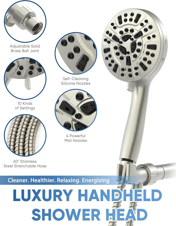 High Pressure Handheld Shower Head with Filter, 10 Spray Modes, Classic Nickel