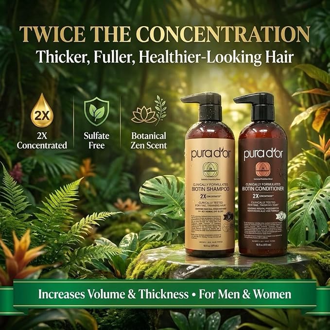 PURA D'OR Clinically Formulated Biotin Shampoo & Hair Regrowth Conditioner For Hair Thinning - 2X Concentrated Proprietary Thickening Blend For Women & Men, Sulfate Free, Botanical Zen Scent,16oz x2