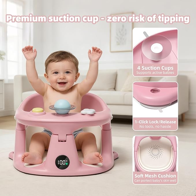 Baby Bath Seat for Babies 6 Months & up with Thermometer, Non-Slip Toddler Bath Seats for Sitting Up, Safe Infant & Newborn Bathtub Chair with 4 Suction Cups, Soft Cushion & Temperature Display, Pink