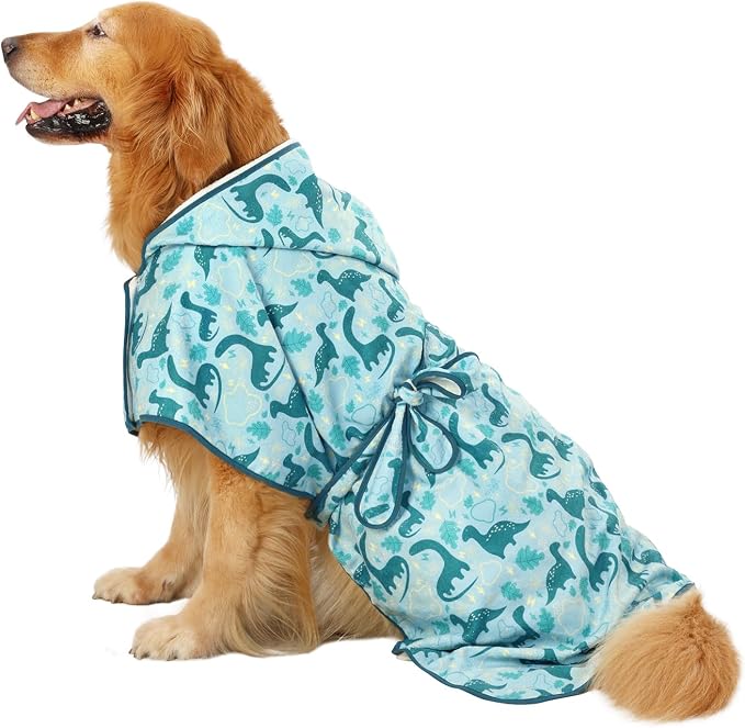 HDE Dog Bathrobe Super Absorbent Quick Drying Puppy Towel Wrap Coat Adjustable After Bath Robes with Hood for Dog Sizes S-XXL Dinosaurs XL