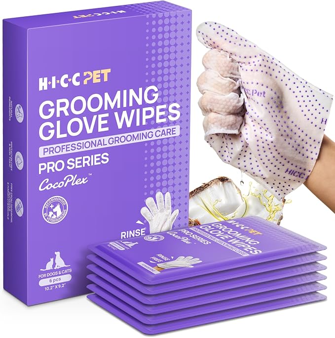 HICC PET Dog Wipes Cleaning Deodorizing PRO for Dogs&Cats, Portable 6PCS Hypoallergenic Wipes, No-Rinse Pet Wipes, Extra Thick Dual-Textured Pet Glove Wipes for Paws, Face, Ears & Butt, Unscented