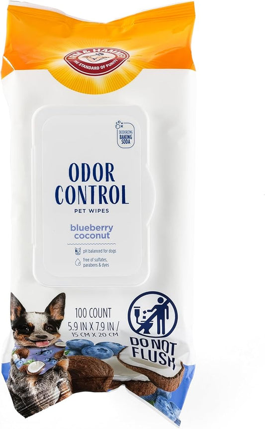 Arm and Hammer for Pets Odor Control Wipes for Dogs, Blueberry Coconut Scent - Odor Eliminating Waterless Wipes with Baking Soda Between Baths, Regular Use, 100 Count