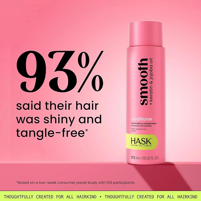 HASK Smooth + Keratin Shampoo + Conditioner Set | with Jojoba Oil for Frizzy, Unruly Hair | 16oz each, 2 Pack