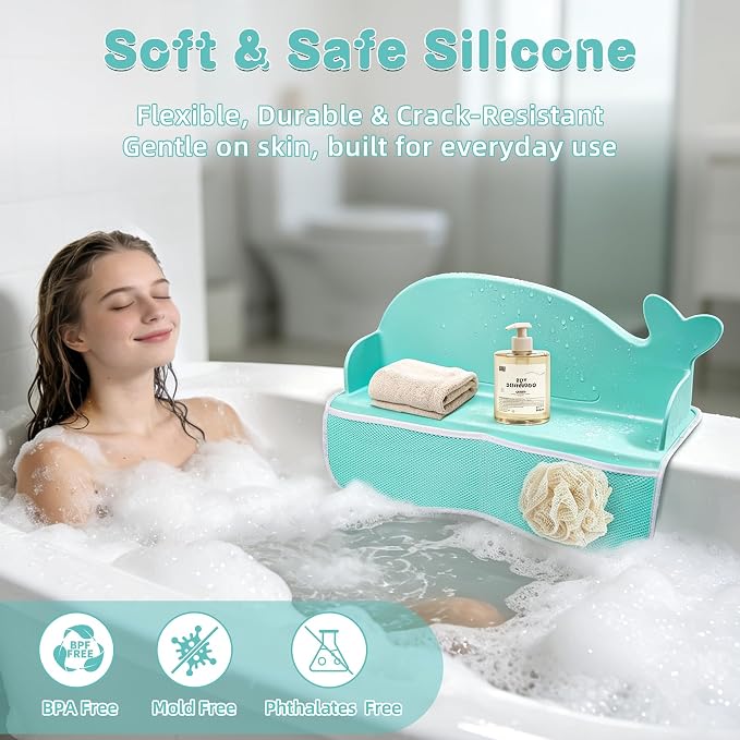 MCGMITT Bathtub Splash Guard, 2PCS Silicone Bath Shelf for Kid, Bath Toys Storage with 130 Suction Cups & Storage Mesh Pockets, Whale Foldable Toddler Bath Tray Tub Water Blocker, Prevent Water Spills