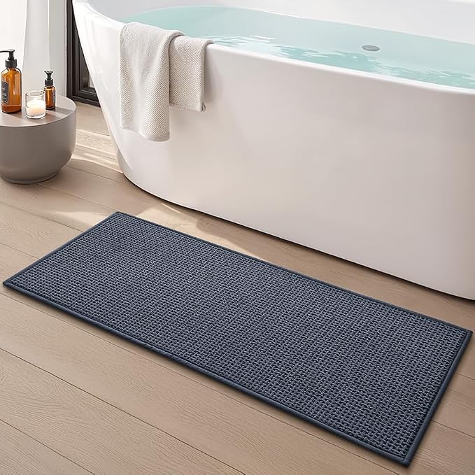 Bathroom Rugs Non Slip Washable, Super Absorbent Thin Bath Mat for Small Quick Dry Low Pile Bathroom Rug, (Navy Blue, 47″x20″)