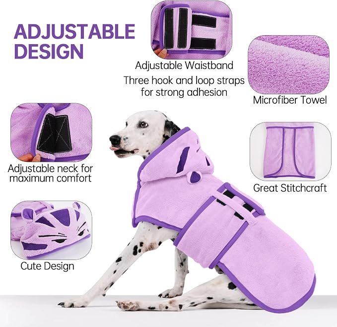 Dog Bathrobe Dog Drying Coat, Microfibre Material Fast Drying Super Absorbent Dog Bath Towel, Magic Sticker & Belly Strap, Dog Robes for After Bath Dog Bath Robe for Puppy Small Medium Large Dog Cat