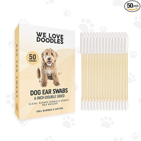 We Love Doodles Long Cotton Dog Ear Swabs | Double Sided Cotton Swabs for Dogs | Large Wooden Cleaner Balls Tool | Swabs to Flush Puppy Ears | Clean Wood Buds for Pet Ears | Wipes Solution Swabs