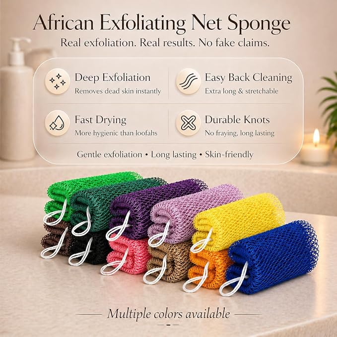 African Net Sponge Authentic, 4 Pcs Real African Exfoliating Net Sponge with Knots for Daily Shower Stretch Back Scrubber for Women Men Bath Travel Gift Gym Use (Black+Olive Green+Pink+Champagne Gold)