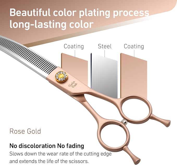 Professional Curved Thinner Dog Grooming Scissors 7.0'' Rose Gold Thinning Shears Extremely Sharp Blades 440C Stainless Steel Thinning Shears Durable Smooth Fine Cut for Dogs and Cats.